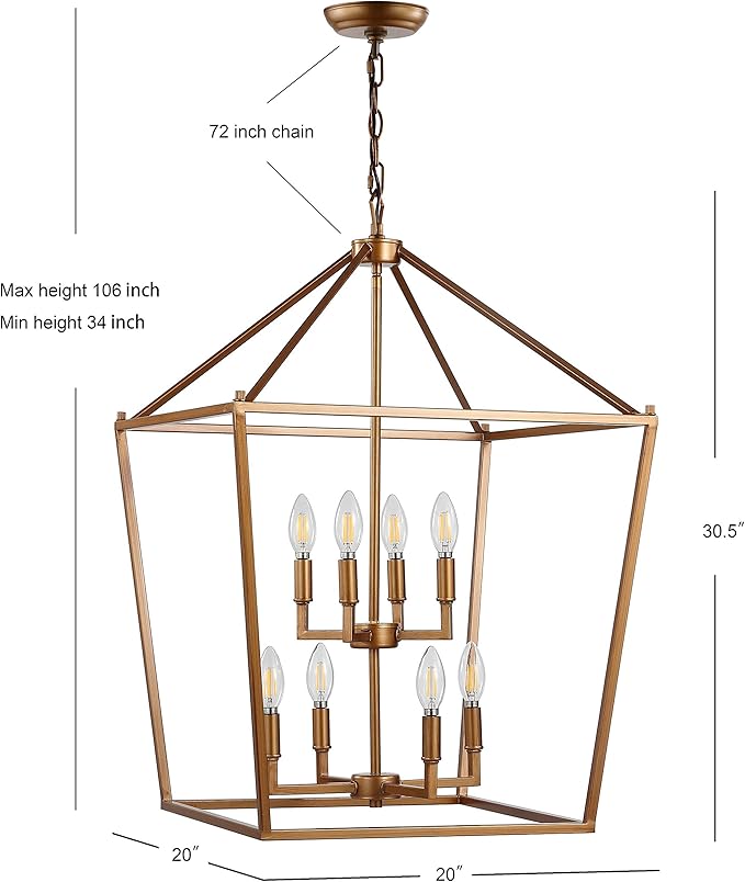 JONATHAN Y 20" Antique Gold Lantern Pendant Light, 8-Light Pagoda Style Metal Cage Farmhouse Hanging Ceiling Fixture for Kitchen Island, LED Bulb Included (JYL7438B)