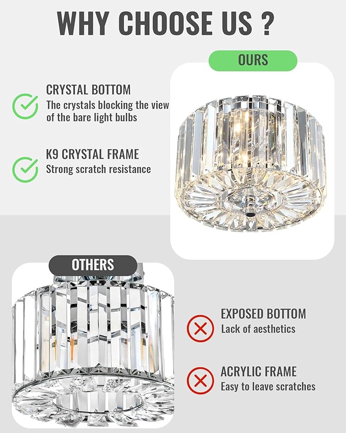 Crystal Ceiling Light, Modern Semi Flush Mount Ceiling Lighting Fixture, 8.89" Round Hallway Lighting Fixtures for Kitchen Entryway Laundry Room, 2-Light, Chrome, XDD007-1-CH