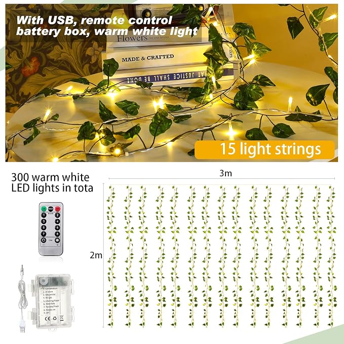 Unittype 15 Pcs 6.6 ft 300 LED Fake Ivy Vines with Lights for Bedroom String Fairy Light Curtain Artificial Hanging Vines Plant Garland with Light for Wall Outdoor Indoor Decor(Ivy Leaf)