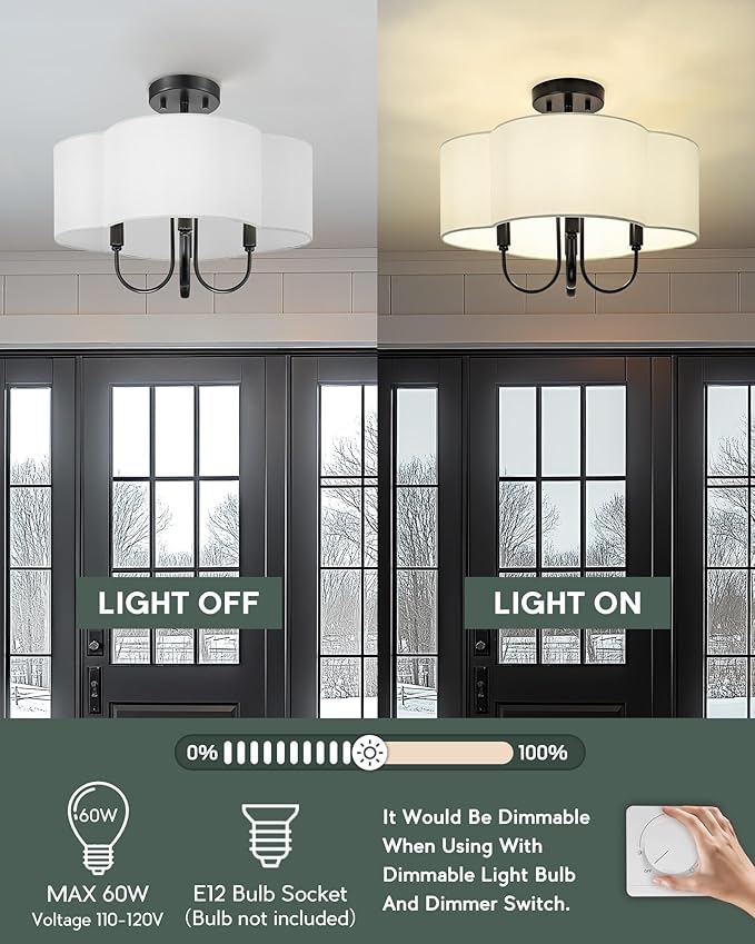 18" Semi Flush Mount Ceiling Light, 4-Light Vintage Light Fixtures Ceiling Mount with Fabric Shade in Quatrefoil for Kitchen Nursery Entryway Hallway Bedroom, Matte Black, SM179-MB-L
