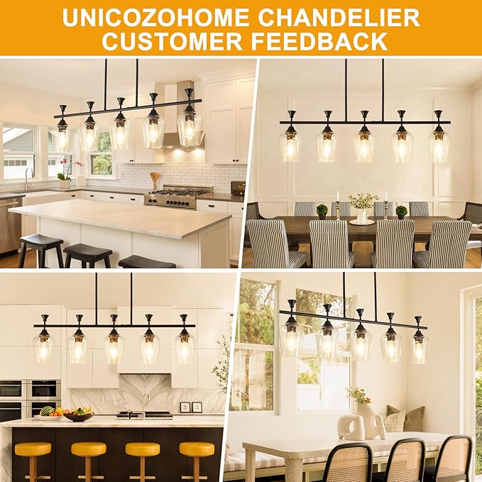 37" Dining Room Light Fixture/Chandelier Over Table, 5-Light Matte Black Kitchen Island Lighting with Clear Glass Shade, Modern Hanging Pendant Lights Fixture for Kitchen Island, Dining Room, Bar
