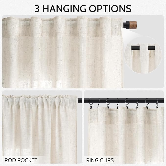 Nanspring Modern Linen Curtains 63 Inch Length for Living Room Light Filtering Semi Sheer Curtain Back Tab Neutral Luxury Modern Farmhouse Decor Linen Blend Drapes for Bedroom 52x63, 2 Panels