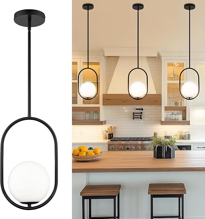 AUTELO Matte Black 1 Light Pendant Lights Kitchen Island, Mid Century Modern Light Fixtures with Milky White Globe Glass, Black Hanging Lamp for Kitchen Island H9376 MGBK