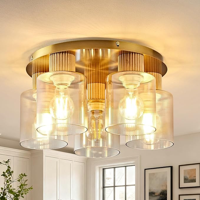 5-Lights Semi Flush Mount Ceiling Light Kitchen Lighting Fixtures Ceiling Gold Solid Wood Kitchen Cieling Light Fixtures with Clear Glass Shade for Dining Room Entryway Foyer Hallway