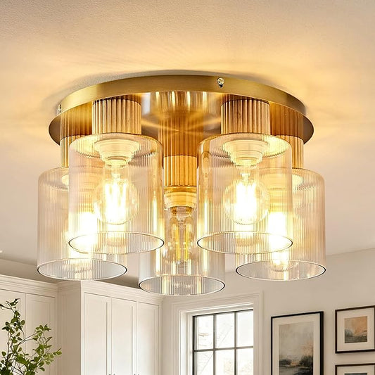 5-Lights Semi Flush Mount Ceiling Light Kitchen Lighting Fixtures Ceiling Gold Solid Wood Kitchen Cieling Light Fixtures with Clear Glass Shade for Dining Room Entryway Foyer Hallway