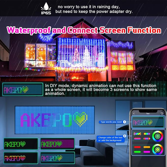 AKEPO Programmable Colorful Smart LED Window Hanging Curtain Lights, IP65 400 RGB LED APP Control DIY Text and Pattern Fairy Lights for Proposal, Wedding Curtain Backdrop, Party, Xmas or Home Decor