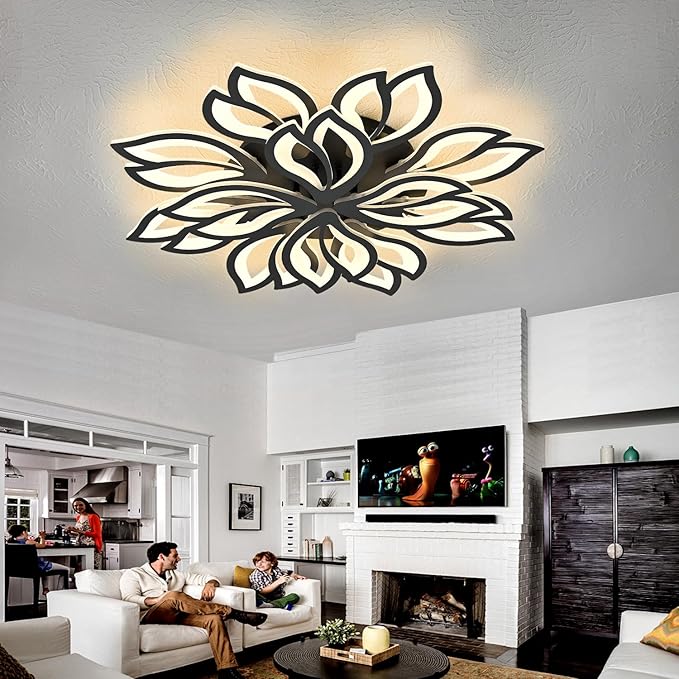 HuixuTe Modern Black Flower Ceiling Light Fixture, 30 Inch Dimmable Flush Mount with 12 Leaves, Low Profile for Living Room, Dining Room, Bedroom