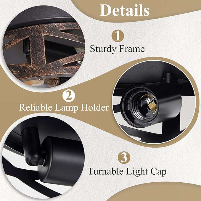 Flush Mount Ceiling Light Fixture,Vintage Metal Black Hallway Light Fixtures Ceiling,Light Fixtures Ceiling Mount for Farmhouse,Kitchen,Hall,Brown(1 Pack (Retro Metal Black, 13.11 inch)