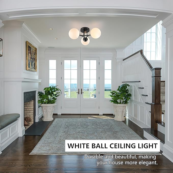 3-Light Sputnik Chandeliers Chandeliers Modern Semi Flush Mount Globe Ceiling Light Mid Century Ceiling Light Frosted Glass Matte Black Chandeliers for Hallway Laundry Bedroom Entryway Living