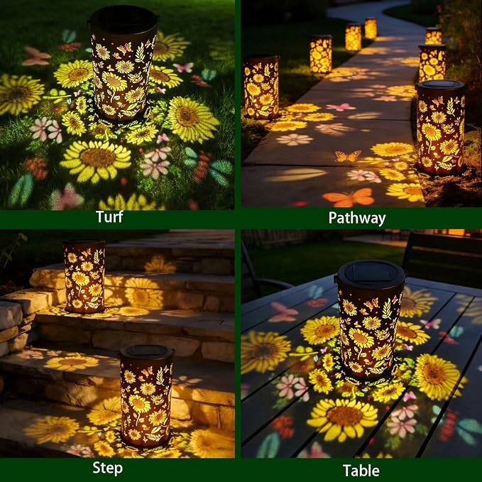 Colorful Sunflower Solar Lantern Outdoor Waterproof Garden Decorative Light, Hanging & Tabletop Solar Powered Lantern with Projection Pattern for Patio Garden Yard Balcony(Sunflower)