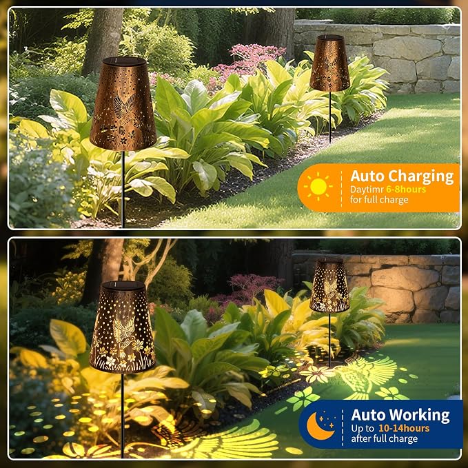 Solar Pathway Lights Outdoor, LED Bright Metal Retro Waterproof, Outside Decorative Hummingbird Lanterns Solar Powered for Path Lawn Patio Yard Walkway (Hummingbird 2P)