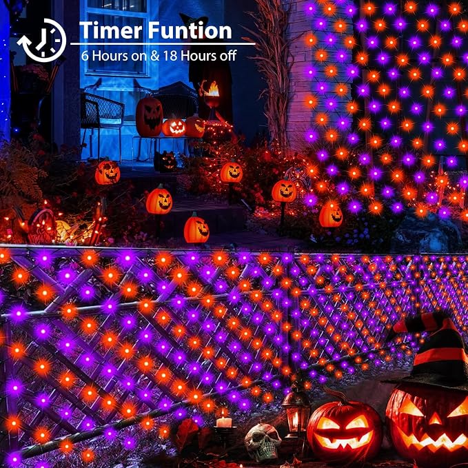 echosari Halloween Net Lights Battery Operated, 5ft ×5ft 100 LED Net Lights with Remote Timer Dimmable Garden Mesh Lighting for Bush Fence Wall Party Decor (Purple Orange)