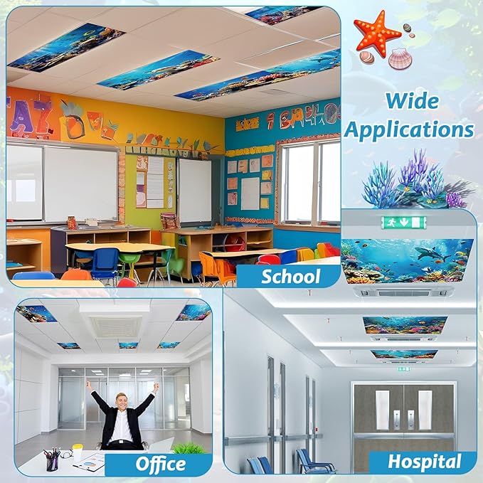 8 Pack Fluorescent Light Covers with 80 Magnets Decorative for Classroom Ceiling Light 4 x 2 Feet Magnetic Light Covers Filter Easy Install for Office Hospitals & Home Drop Ceiling Supplies(Ocean )