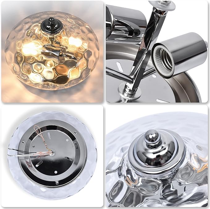 EDISLIVE Modern 2-Light Hammered Glass Flush Mount Light Pendant Ceiling Light Fixture 10.2" Indoor Ceiling Light for Hallyway Foyer Bedroom(Chrome)
