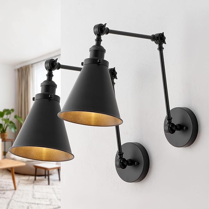 JONATHAN Y 7" Black Classic Industrial Metal Adjustable Arm LED Wall Sconce for Bedside Reading, Farmhouse Swing Arm Wall Lamp with Metal Shade, Hardwired (JYL7462E-SET2)