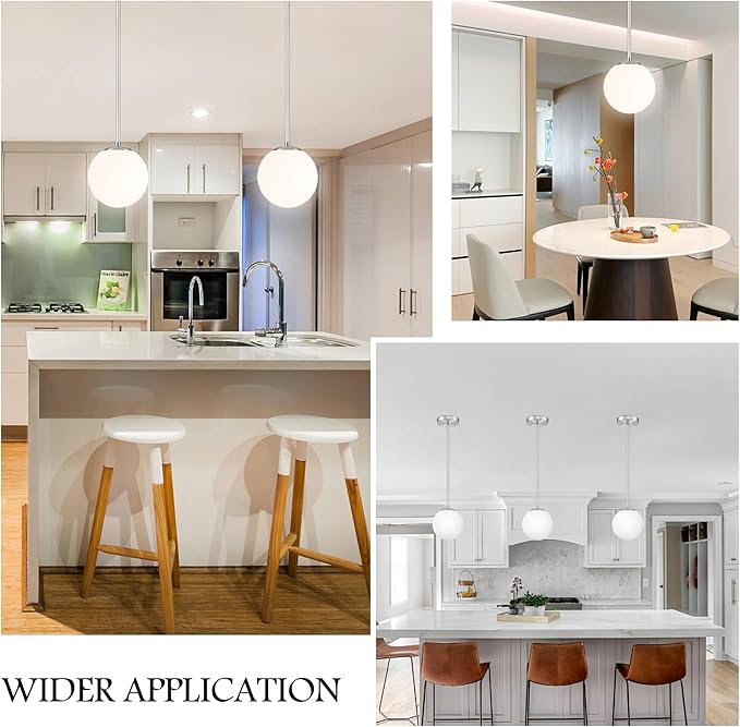 Bagood 6 Inch Globe Pendant Light Nickel Globe Pendant Lights Kitchen Island Mid Century Light Fixture with Milky White Glass Contemporary Adjustable Hanging Lights for Dining Room (Bulb Included)