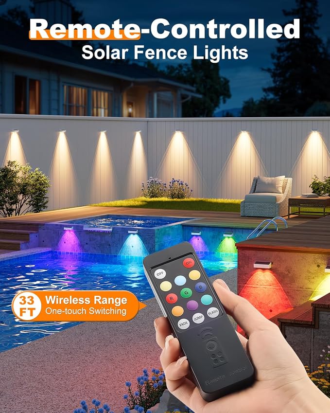 VOLISUN Solar Fence Lights with Remote Control, 50 Lumen LED Fence Lights Solar Powered, IP65 Waterproof, 10 RGB Color Long-Lasting Solar Lights for Backyard Garden Deck Patio Railing (12 Pack)