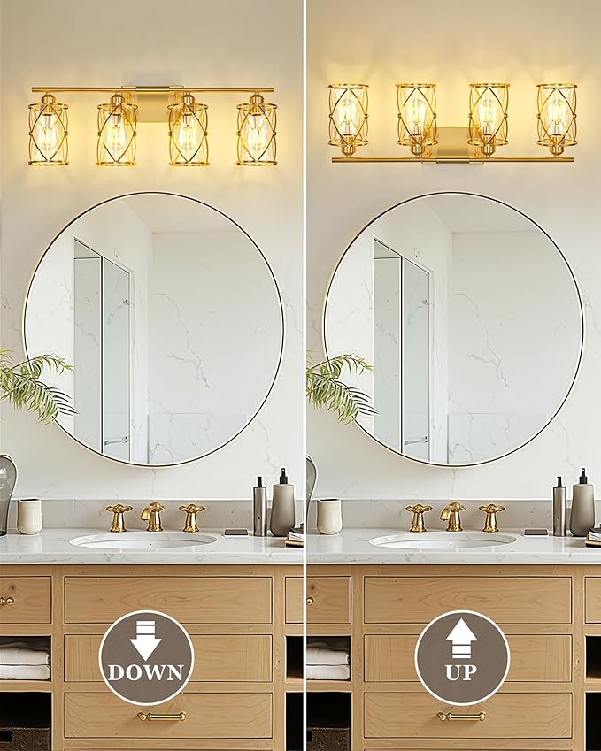 4-Light Brushed Gold Bathroom Light Fixtures, 29 Inch Modern Bathroom Vanity Lighting Fixtures Over Mirror with Clear Glass and Metal Cage Wall Sconce Lights for Bath, E26, CH9176BG-4W