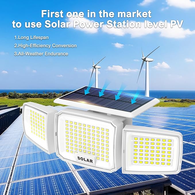 JEJOT White Solar Security Light Outdoor Super Bright LED, Motion Sensor Solar Flood Light, 3 Heads 270° Wide Angle,Remote Control, IP65 Waterproof, 3 Modes (3 Packs)