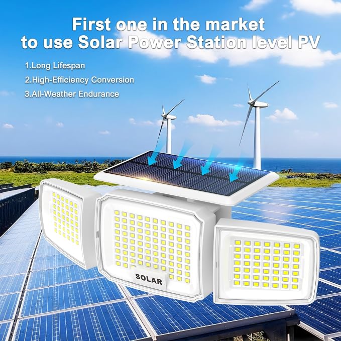 JEJOT White Solar Security Light Outdoor Super Bright LED, Motion Sensor Solar Flood Light, 3 Heads 270° Wide Angle, Remote Control,IP65 Waterproof, 3 Modes (4 Packs)