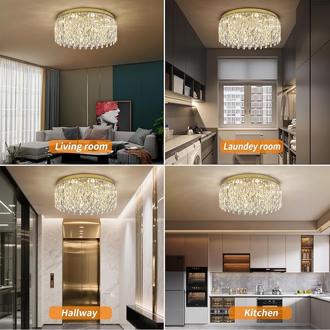 Deckrico 19.7" Gold Crystal Chandelier, Modern Flush Mount Ceiling Light Fixture Luxury Tri-Color LED Lighting for Living Room Dining Room Bedroom