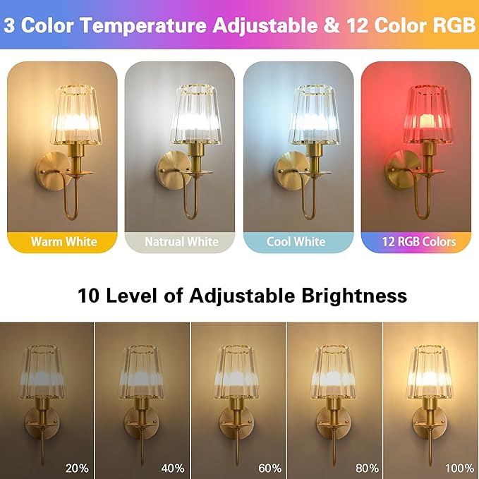Battery Operated Wall Sconces Set of 2 – 5200mAh Rechargeable Gold Crystal Glass, 15 Colors & 10-Level Dimmable, Wireless Wall Lights for Living Room & Bedroom