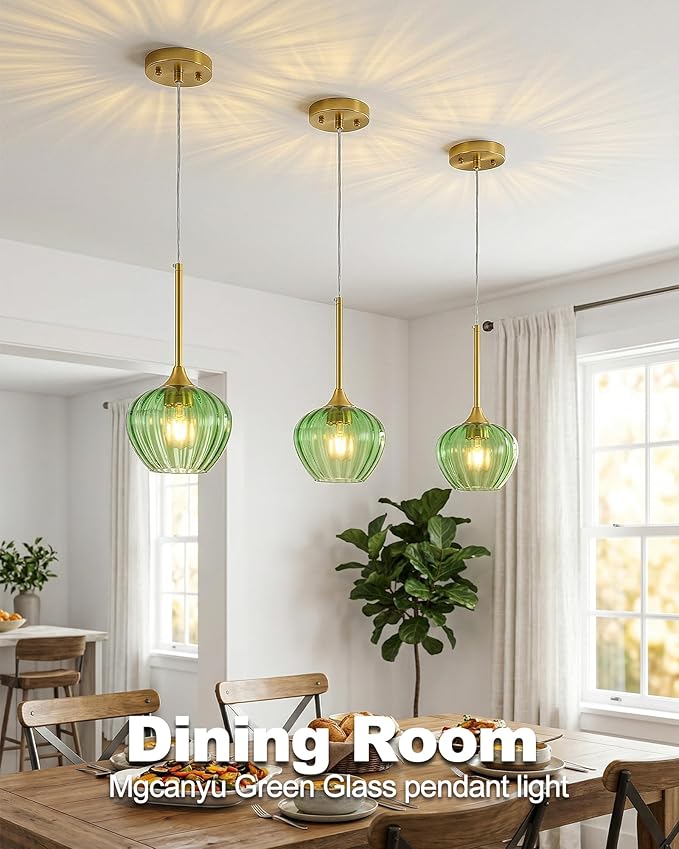 Green Glass Pendant Lights Kitchen Island, 7" Vintage Pendant Lighting with Brushed Gold Adjustable Hanging Light Fixtures for Kitchen, Dining Room, Sink, Bathroom