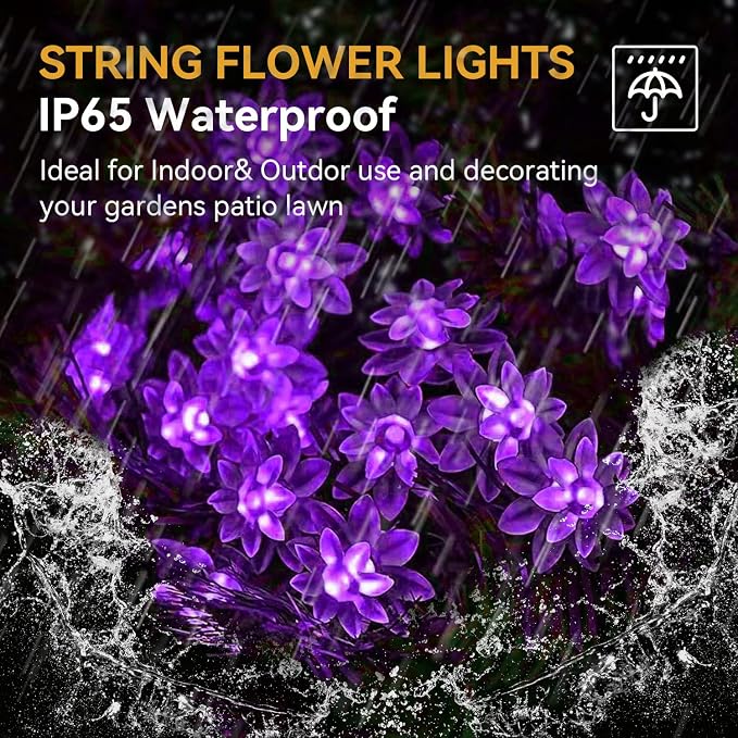 ITICdecor Solar Flower String Lights Outdoor Waterproof 50 LED Upgraded Flower Fairy Light for Garden Fence Patio Yard Christmas Tree Lawn Party (Purple)