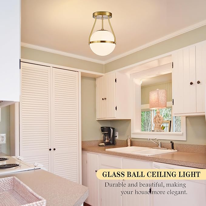 Bagood 8 Inch Mid Century Ceiling Light Modern Semi Flush Mount Ceiling Light Fixture Globe Ceiling Light Fixture with Milk Glass Shade Brass Finish for Kitchen Island Hallway Living Room (Bulb Incl.)