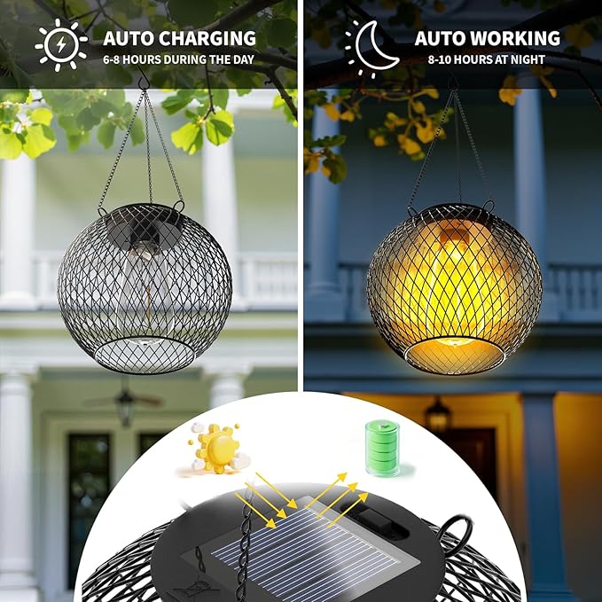 HOTEAGLE Solar Hanging Lights, Waterproof Outdoor Decorative Globe Lanterns with Vintage Edison Bulb, LED Retro Metal Mesh Pendant Light for Garden, Patio, Yard, Tree Decor (Black-2-Pack)