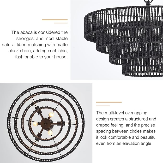 20” Hand-Woven Rattan Chandelier 6-Lights Transitional Minimalist 4 Round Boho Large Pendant Light for Kitchen Island Dining Room Living Room Hallway, Matte Black, UL Listed