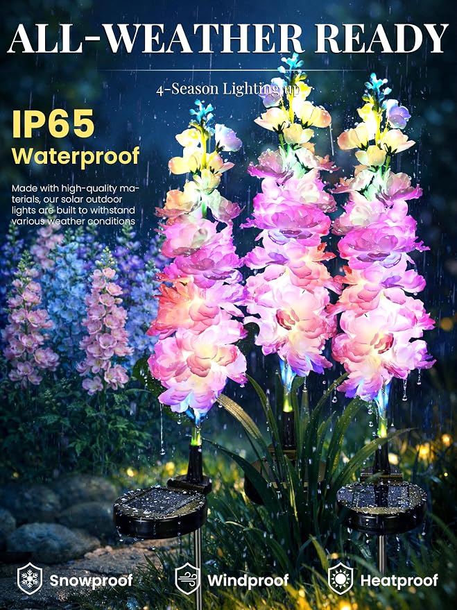 GIGALUMI Solar Lights Outdoor for Garden Decor, 3 Pack Solar Flower Lights Waterproof, 2 Lighting Modes Delphinium for Pathway,Yard, Patio, 4th of July Decoration, Gifts for Women (Pink)