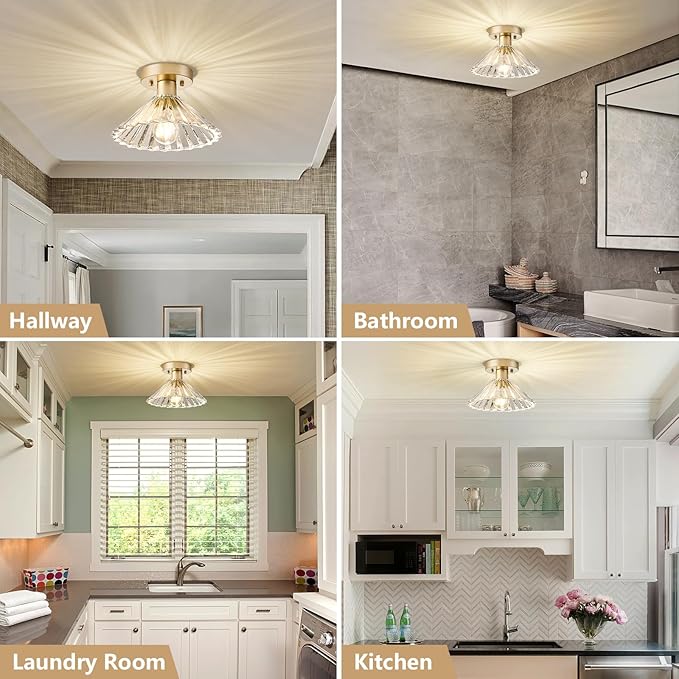 Modern Round Glass Ceiling Light, Mid-Century Lighting Fixtures, Gold Semi Flush Mount Ceiling Light for Hallway, Kitchen, Laundry Room, Bathroom, Entryway, 9.7 in