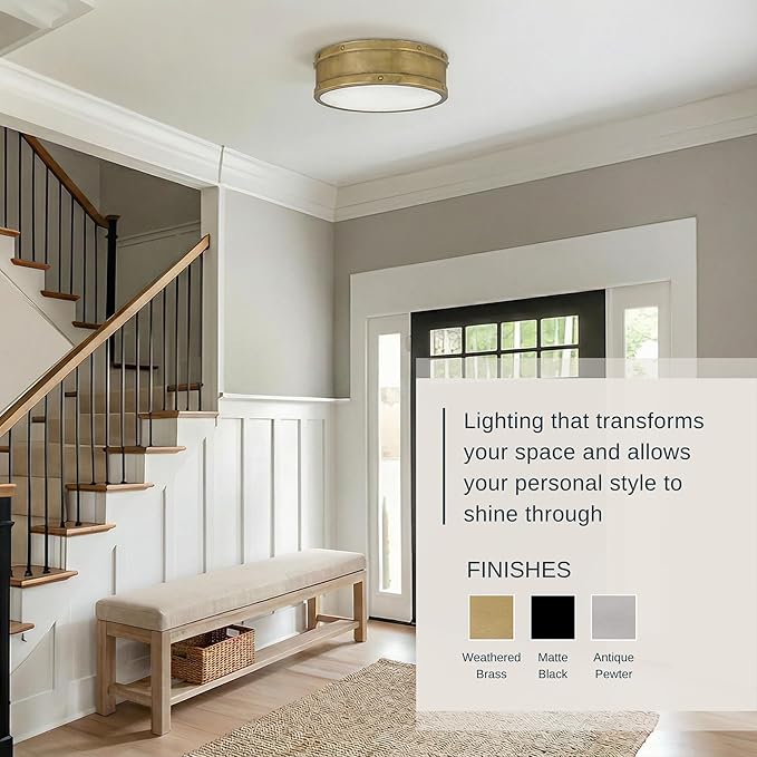 Quoizel Ahoy 12.75" Flush Mount Drum Light, Weathered Brass, Damp Location Rated, Integrated LED 1700 Lumens, Dimmable