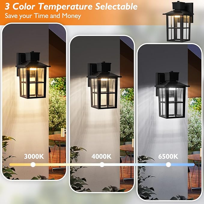 Brightever LED Outdoor Wall Lights, 10W Black Exterior Light Fixture with Clear Glass Shade, 3000K/4000K/6500K Selectable, 800LM High Brightness Outdoor Wall Lanterns for Patio Waterproof, Pack of 2