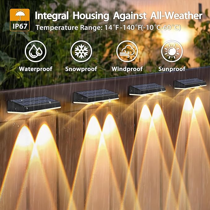 Solar Fence Lights Outdoor - 2 Pack RGB Fence Lights Solar Powered, 7 Color Modes & Warm White, IP67 Waterproof Dusk to Dawn Solar Powered Lights 12+ Hours for Fence/Backyard/Wall/Step/Patio/Deck