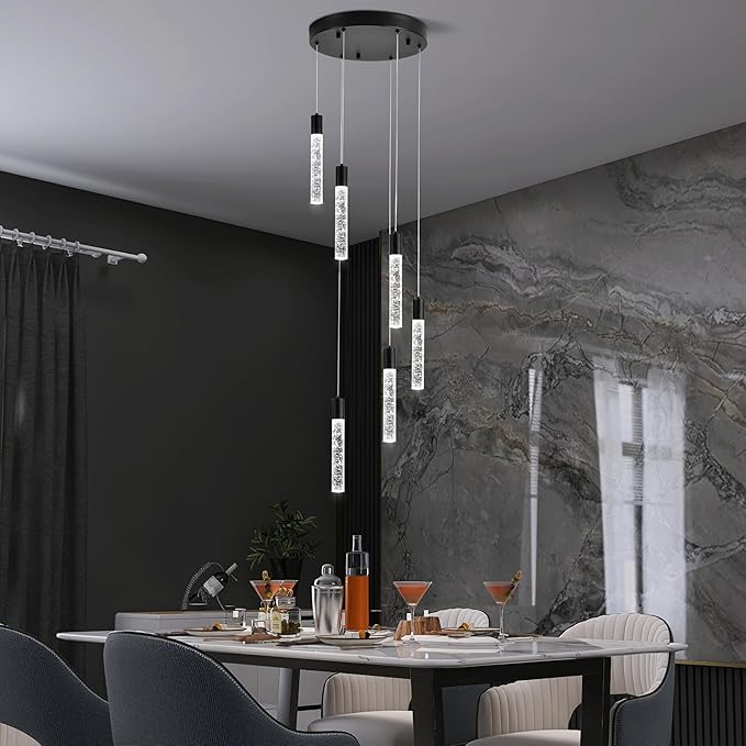 6-Light Matte Black Integrated Crystal Pendant Chandelier,Dimmable LED Ceiling Light with Adjustable Height for Kitchen Island, Dining Room & Bedroom 3000K -6000K
