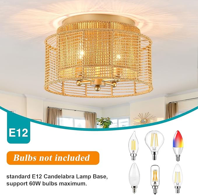 hesoge Boho Rattan Semi Flush Mount Ceiling Light Vintage Gold Ceiling Light Fixture 4 Light Round Chandelire for Farmhouse Bedroom Entryway Kitchen Foyer Dining Room