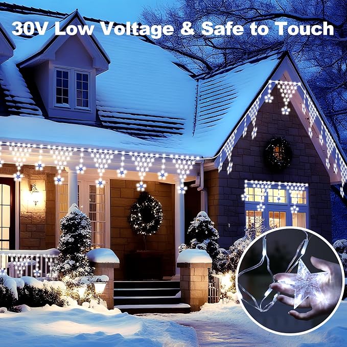 (New) Christmas Curtain Lights, 13.8ft 218 LED Outdoor Christmas Lights, Icicle Lights with 12 Drop Stars for Curtain, Indoor, Garden, Patio, Wedding, Xmas, Home Decoration - White