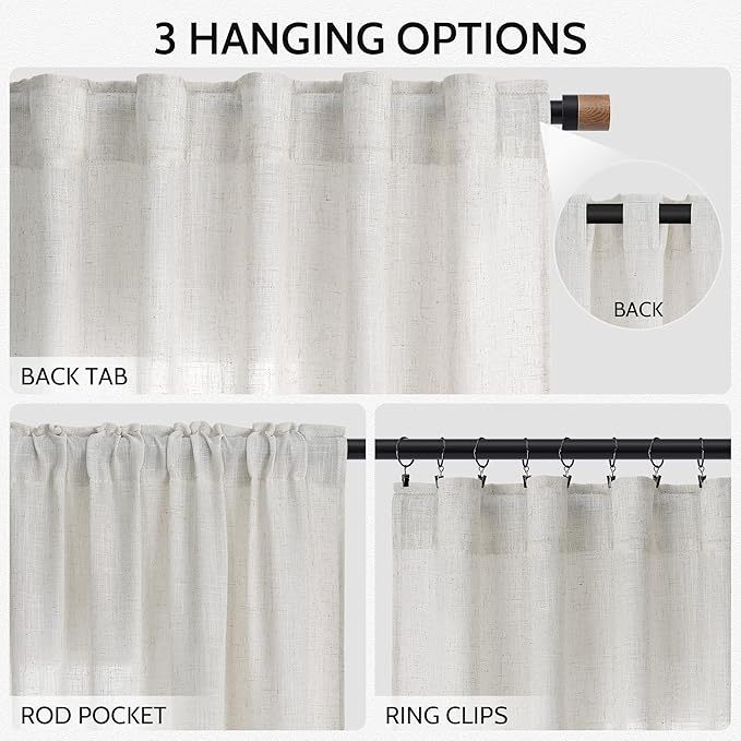 Nanspring Natural Linen Curtains 80 Inch Length for Living Room Country Light Filtering Semi Sheer Curtains Farmhouse Decor Curtain for Bedroom Back Tab and Rod Pocket 52x80, 2 Panels