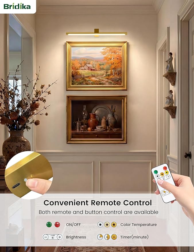 Bridika Metal Picture Light for Wall 23.6inch, Battery Operated Art Light for Paintings Wireless with Remote & Timer, 3 CCT, Dimmable Wall Lights for Picture, Gallery, Artwork,Portrait Gold 1