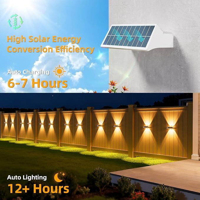 NIORSUN Solar Fence Lights Outdoor, 12 Pack Up and Down Waterproof Solar Wall Lights, Fence Lights with Lens, Warm & Cool White + RGB, Dusk to Dawn Lighting for Patio, Backyard, Pool, Railing (White)