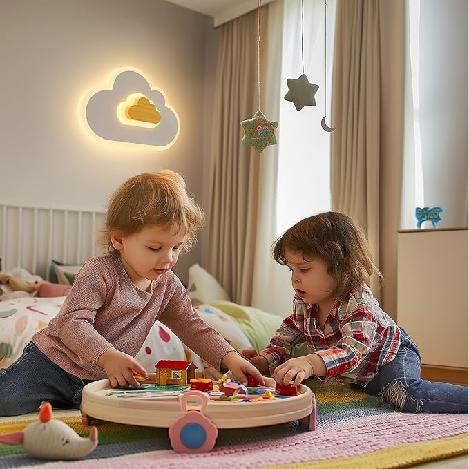 LED Wood Cloud Cartoon Kids Ceiling Light 23.62in - 3000-6500K with Nightlight - Bedroom Nursery Lamps for Girls & Boys