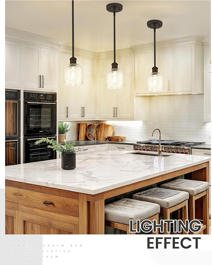 zeyu Bronze Adjustable Pendant Lighting, 2 Pack Hanging Kitchen Lights, 1-Light Farmhouse Glass Pendant Light with Clear Hammered Glass, Oil Rubbed Bronze Finish, ZJF63MIL-2PK ORB