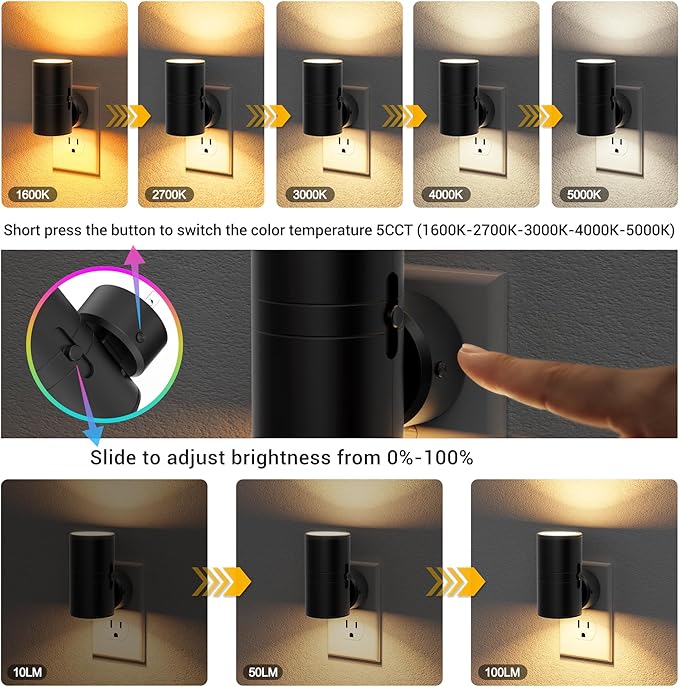 JandCase LED Night Light, Night Lights Plug into Wall with Dusk to Dawn Sensor, 5 Color Temperatures, Rotating Plug, Dimmable Nightlights, Adjustable Brightness for Bedroom Bathroom Hallway, 2 Pack