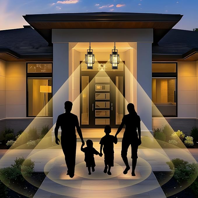 PARTPHONER Motion Sensor 15" Outdoor Pendant Light Exterior Hanging Lantern, Modern Black Metal Outside Chandelier Light Fixture Ceiling Mount with Water Glass for Front Porch Entrance Foyer Entryway