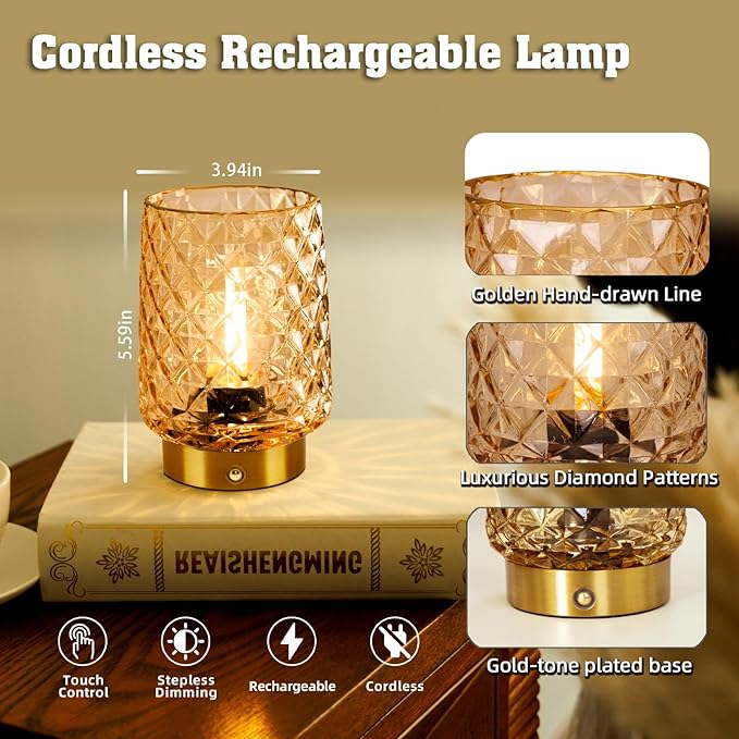 MJ PREMIER Cordless Rechargeable Table Lamp, Dimmable Portable Night Light with Diamond Facet Design, 1800mAh Battery Operated Lamp for Bedside Patio Outdoor Home Decor Emergency Gift for Women Yellow