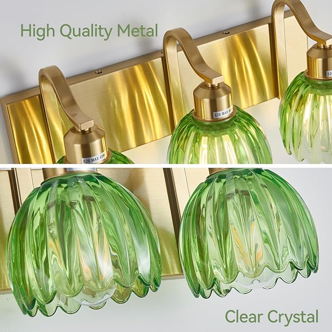 3-Light Vanity Lights with Green Tulip Glass Shade, Gold Bathroom Lighting Fixture Over Mirror, Vintage Vanity Wall Sconce Lamp for Kitchen Living Room Hallway