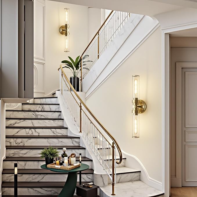 Bathroom Light Fixtures, Gold Wall Sconce in Clear Glass Vanity Lights, Modern Bathroom Vanity Light Up and Down Sconces Wall Lighting for Living Room, Hallway, Bedroom - Bulb Not Included