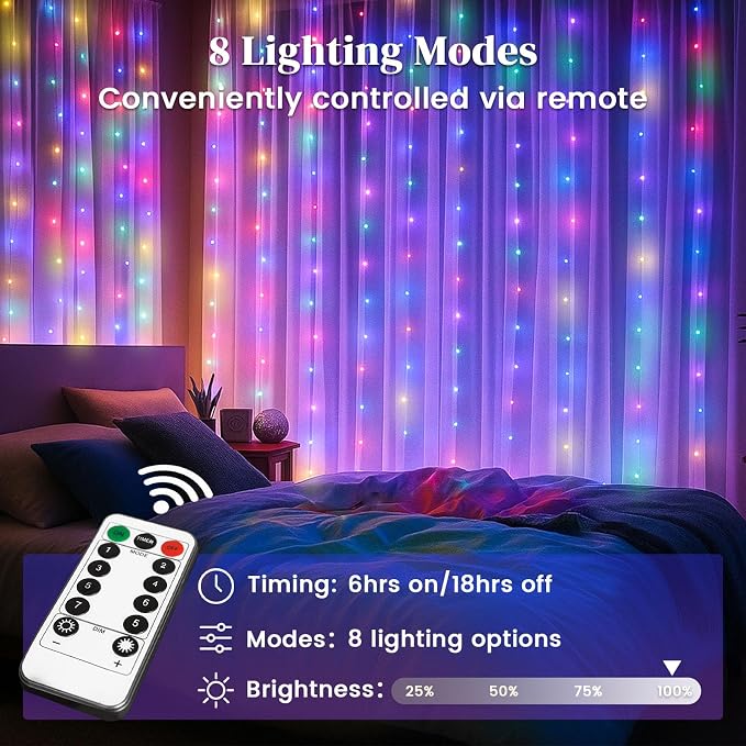 DomeStar 300 LED Fairy Curtain Lights, 9.8ft x 9.8ft Holiday Party Waterproof String Hanging Lights with 8 Modes Remote, Plug‑in Design for Bedroom Patio Garden Party Wedding Wall Decor (Multicolor)